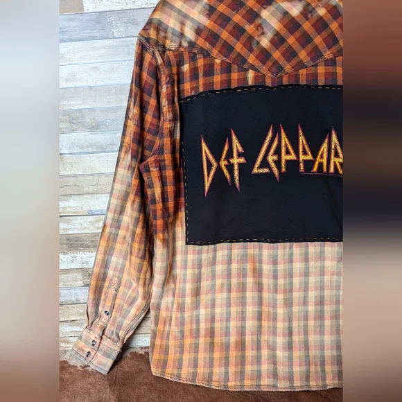 Def Leppard Upcycled Dip Dye Bleach Flannel Shirt - Picture 7 of 15